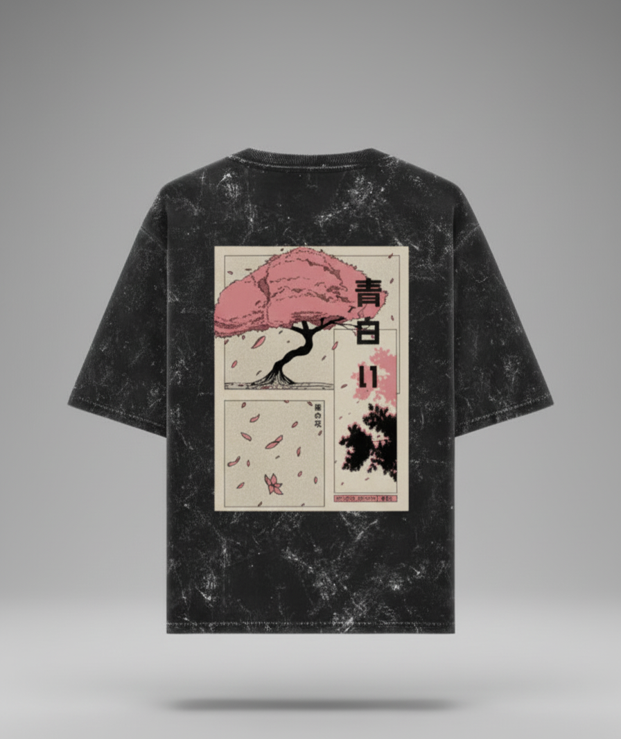 WRN - Sakura Japanese Cherry  Bloosom - Unisex Acid Washed Oversized Tee