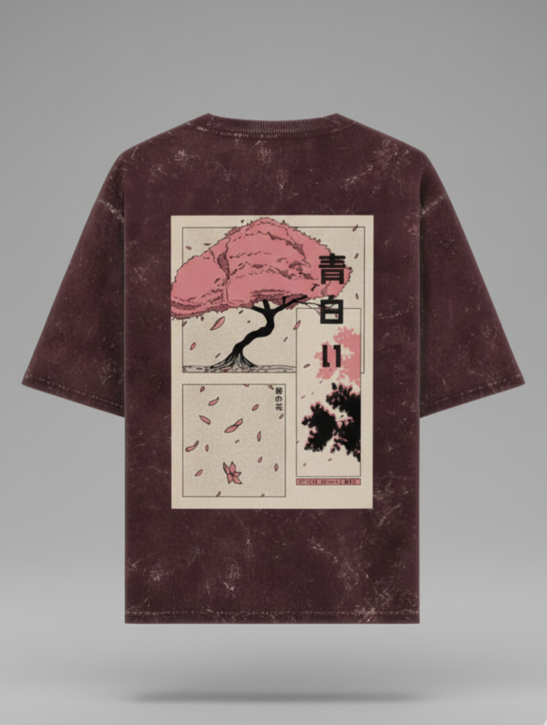 WRN - Sakura Japanese Cherry  Bloosom - Unisex Acid Washed Oversized Tee